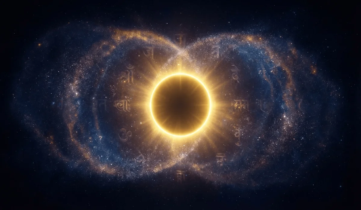 Metaphysical representation of the Great Void and Sunya featuring a glowing golden circle in a cosmic nebula, symbolizing Angel Number 000 origins.