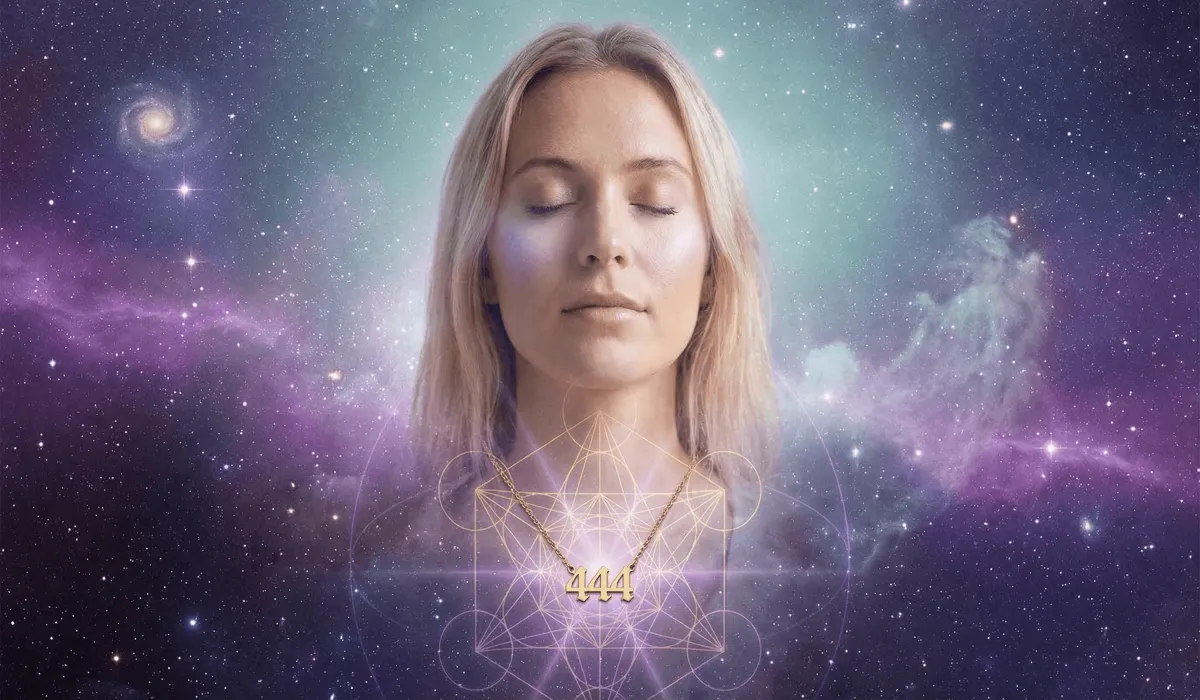 A woman wearing an angel number necklace with sacred geometry light patterns symbolizing celestial communication and spiritual growth.