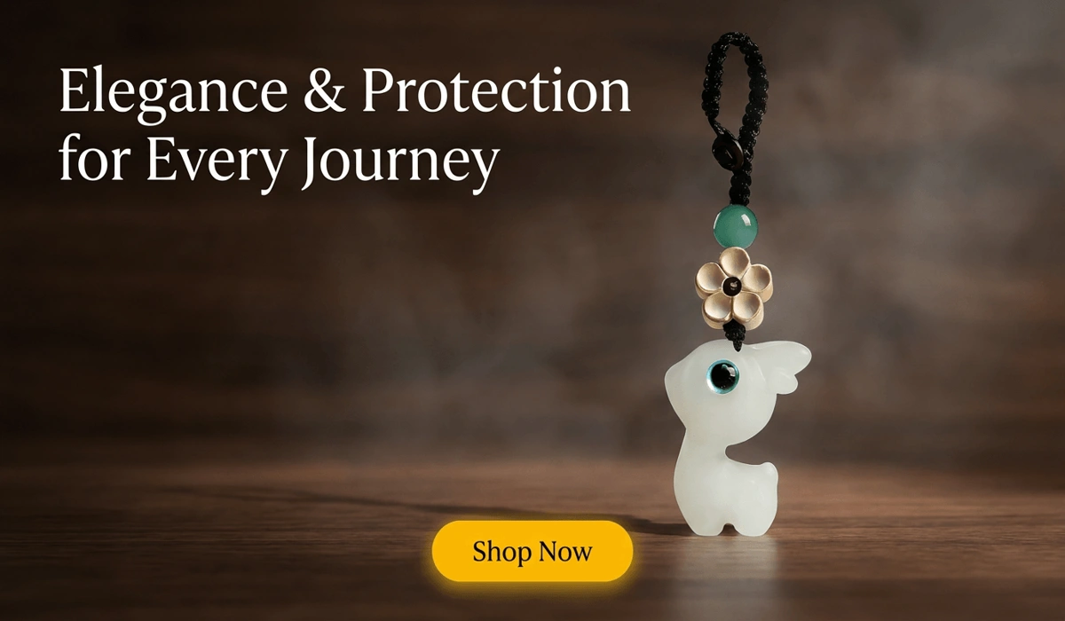 Luminous Deer & Boxwood Plum Blossom Keychain Car Charm for Safety presented in a modern Zen blog banner with a Shop Now button