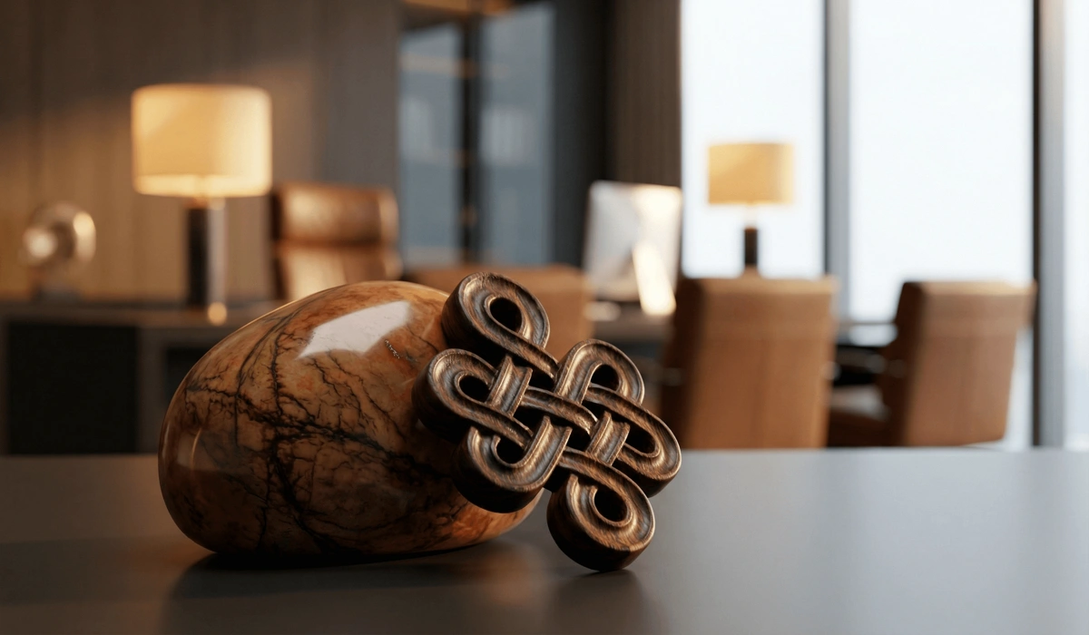 Close-up of Shoushan Stone and an Endless Knot symbol on a professional desk, symbolizing career stability and strategic decision-making.