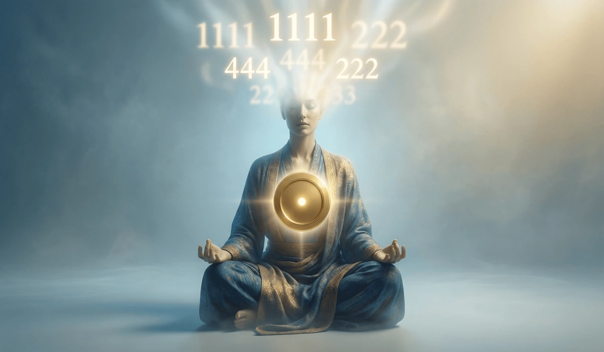 A meditator experiencing the spiritual void where angel numbers dissolve into internal light, symbolizing spiritual independence and manifestation lag.