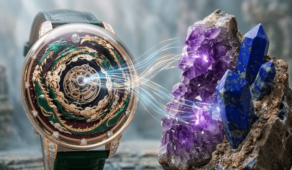 Artistic representation of a watch and spiritual gemstones symbolizing the union of modern timekeeping and natural healing energy.