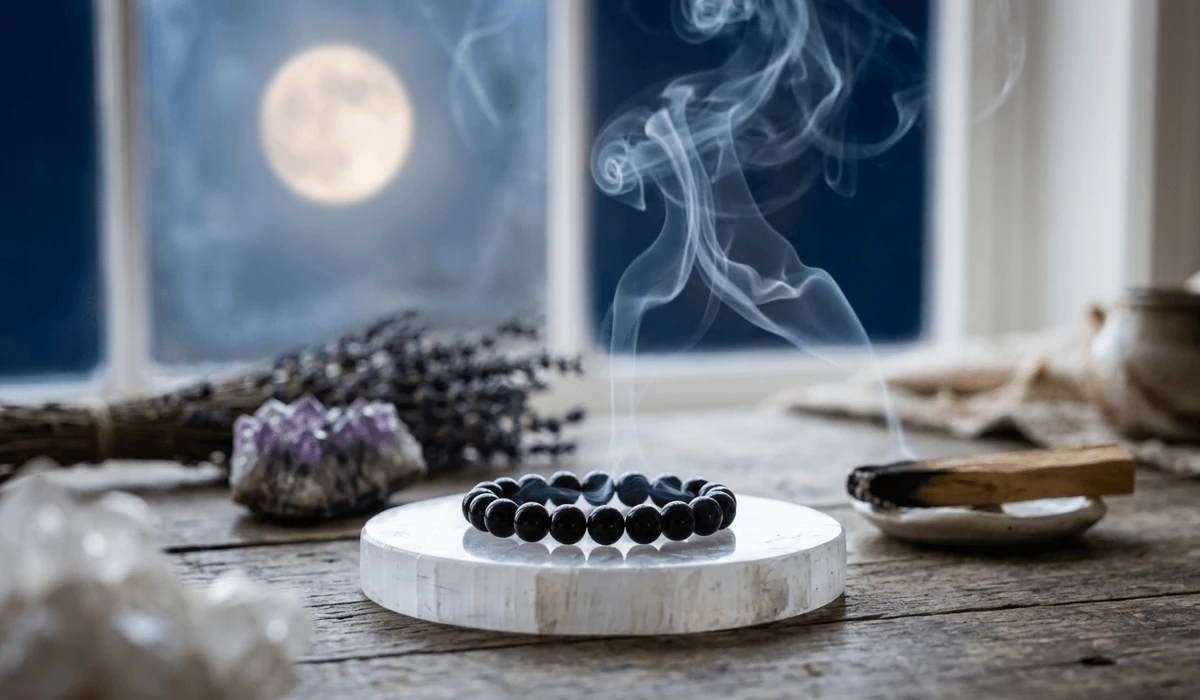 A black obsidian dragon bracelet being cleansed with sacred smoke on a selenite charging plate under moonlight.
