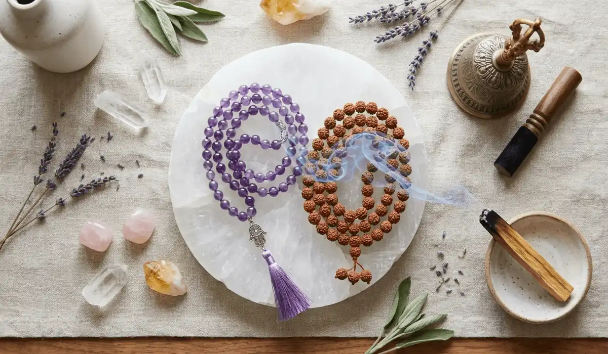 A selection of Amethyst and Rudraksha mala beads being cleansed with palo santo smoke on a spiritual altar.