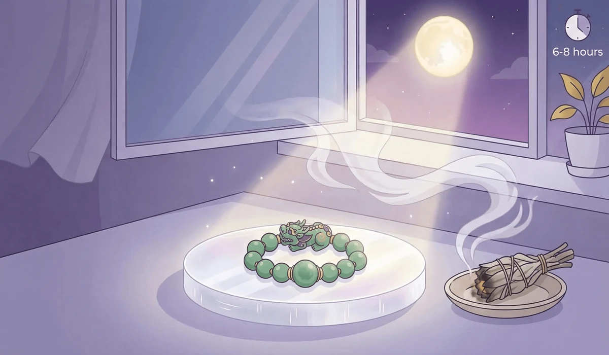 A_Pixiu_bracelet_being_cleansed_and_charged_on_a_Selenite_plate_under_moonlight_to_maintain_its_spiritual_energy.