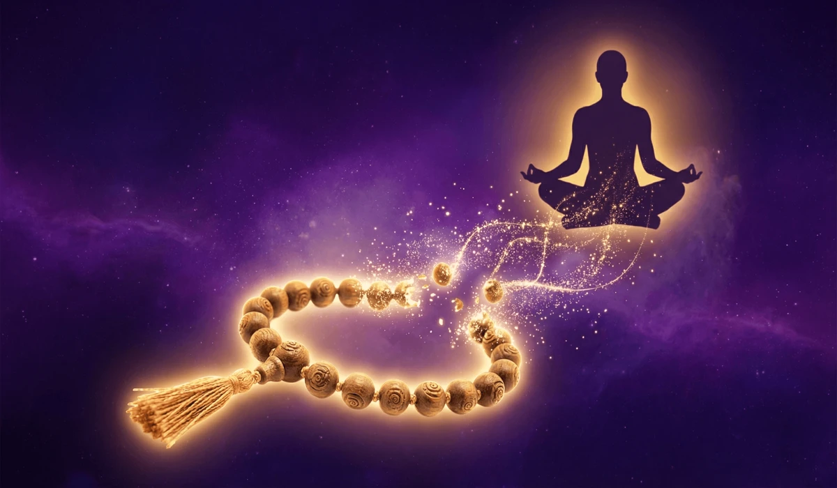 A glowing mala bracelet breaking into golden light, representing spiritual breakthrough signs and energy release.