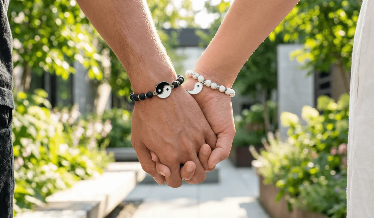 A couple wearing matching Yin Yang bracelets symbolizing relationship harmony and the connection between two people.
