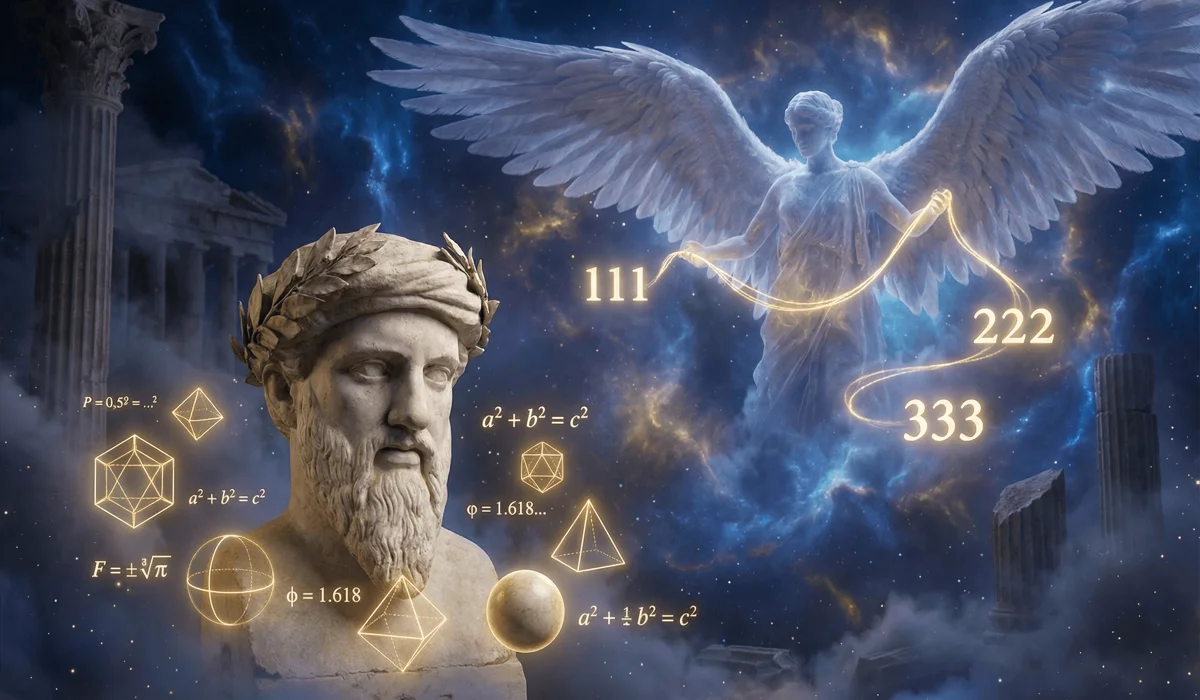 Digital art representing the origins of Angel Numbers, blending Pythagorean mathematics with celestial angelic symbolism in a cosmic setting.