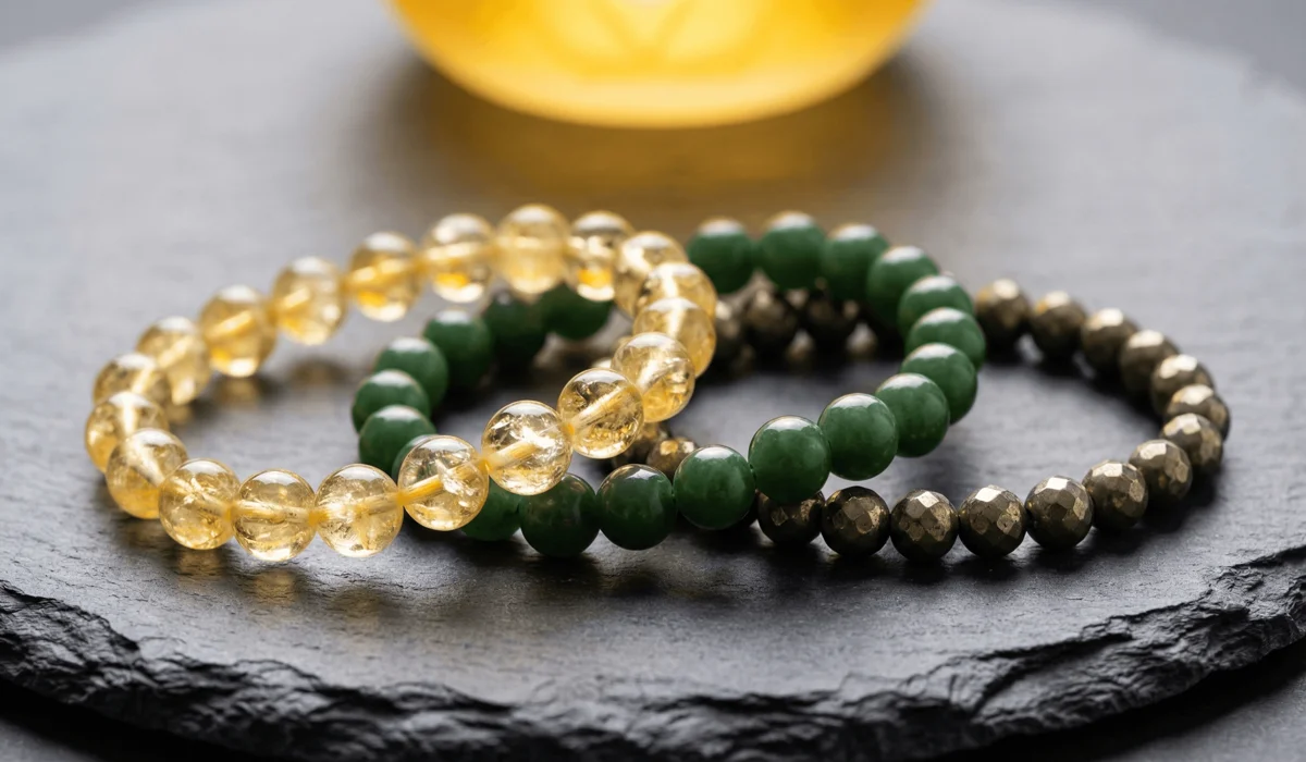 Different types of men's wealth bracelets including Citrine, Jade, and Pyrite stones for financial success and abundance.