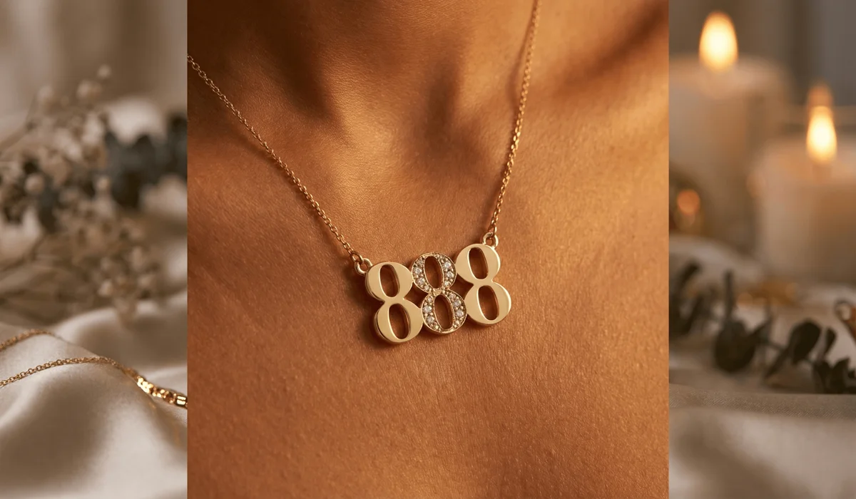 Luxury gold angel number 888 necklace representing a physical totem for wealth consciousness and financial abundance.