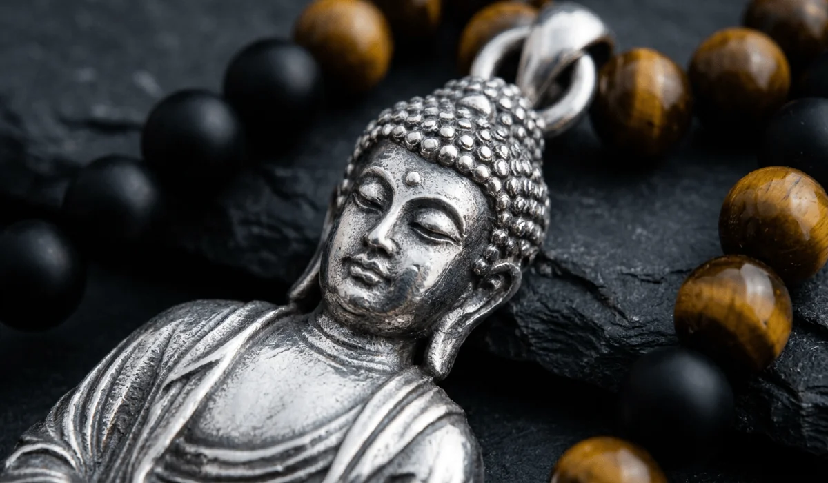 Close-up shot of a silver Buddha pendant with natural stone beads highlighting detailed sacred symbols like the Usnisa and Urna.