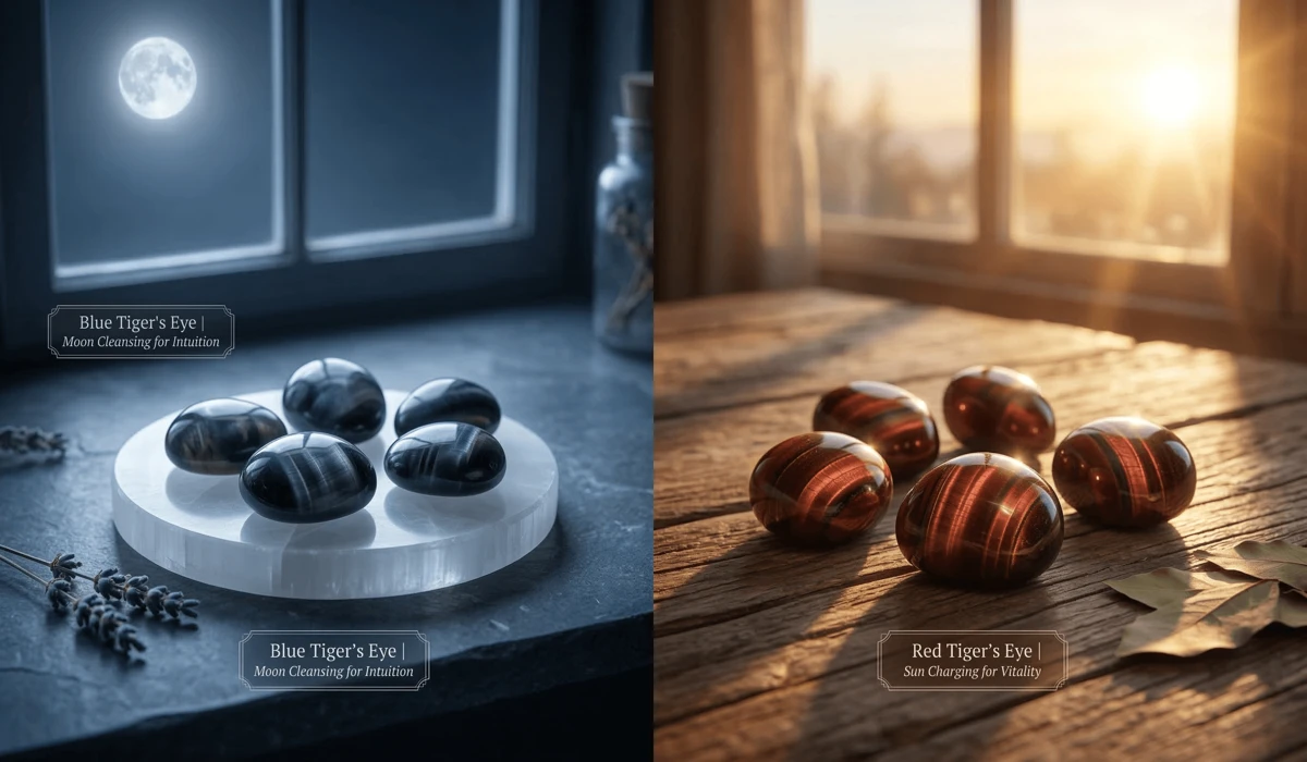 Visual guide showing Blue Tiger's Eye charging under moonlight and Red Tiger's Eye charging in morning sunlight.