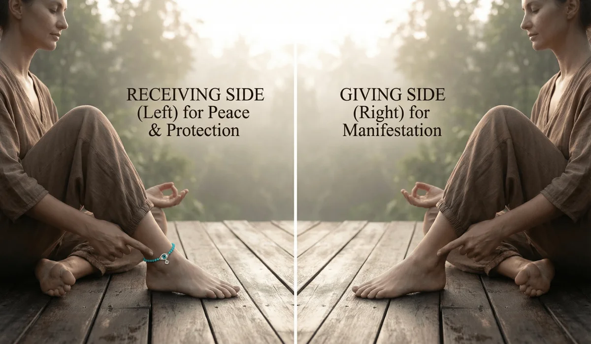 A woman in a meditative pose illustrating the choice between wearing an evil eye anklet on the left vs right ankle for energy manifestation.