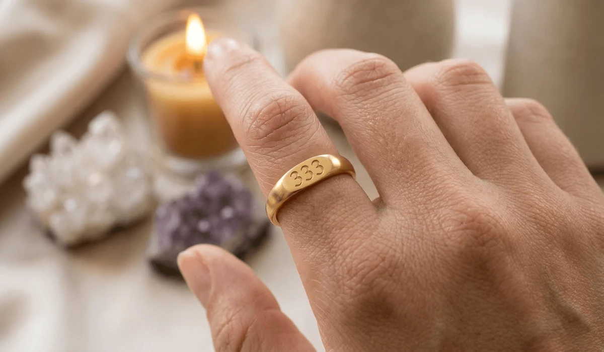 A minimalist gold 333 angel number ring symbolizing divine support and spiritual connection.