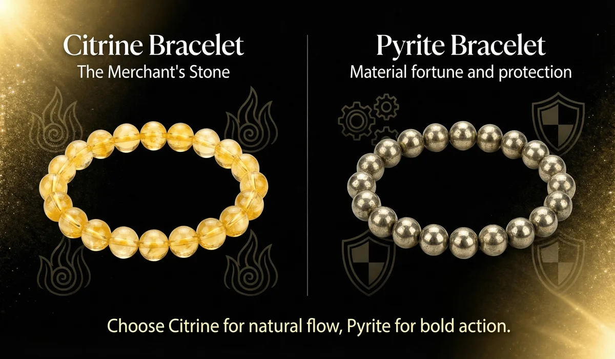 Comparison of Citrine and Pyrite crystals in Feng Shui bracelets showing the difference between success and protection stones.