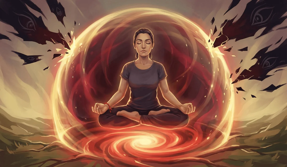 Conceptual illustration of a red string bracelet acting as a spiritual shield and grounding the wearer's Root Chakra energy.