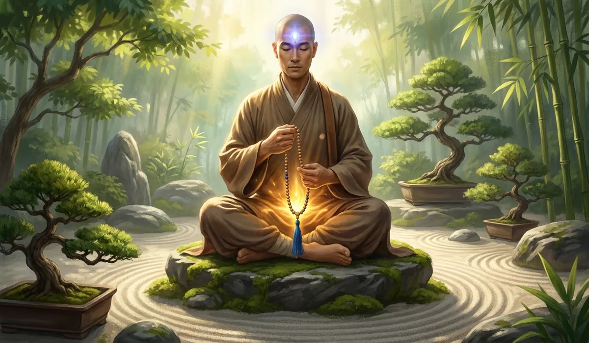 A person meditating with Thuja Sutchuenensis mala beads showing energy alignment with Root and Third Eye chakras.