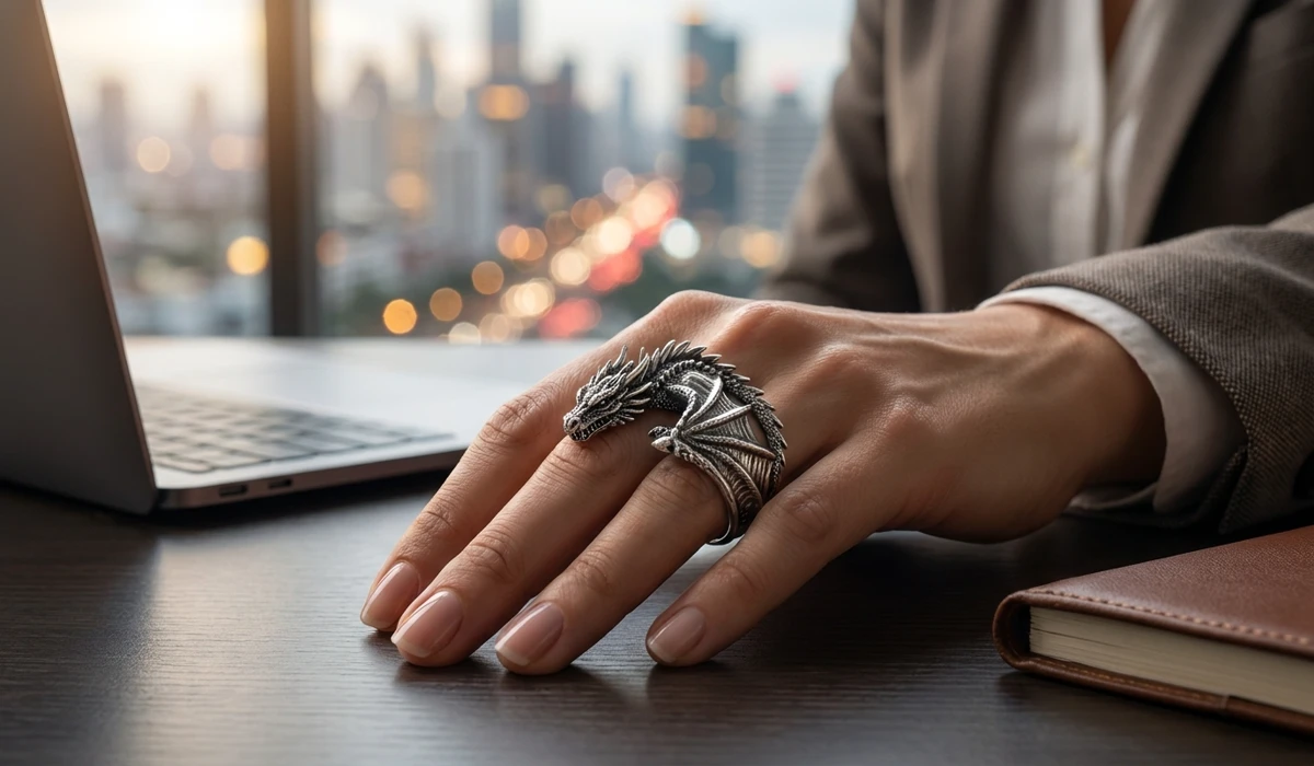 Person wearing a silver dragon ring in a modern professional setting for protection and success.