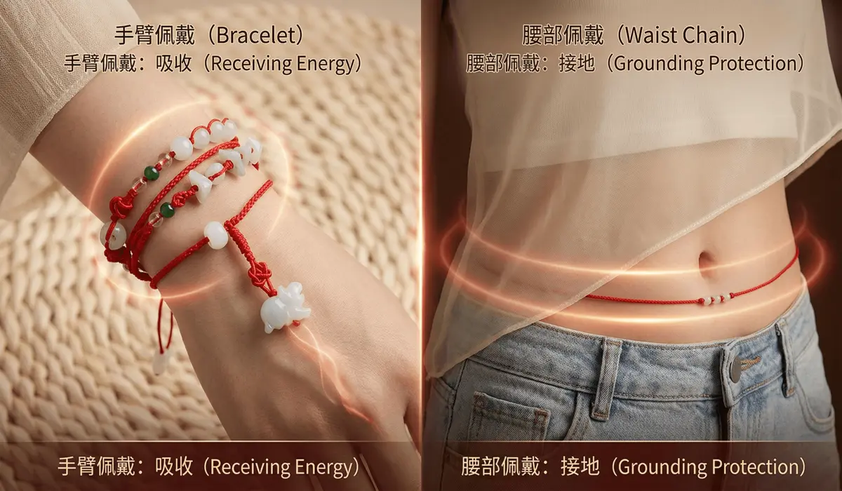 Comparison between a red string bracelet and a red string belly chain for different spiritual energy centers.