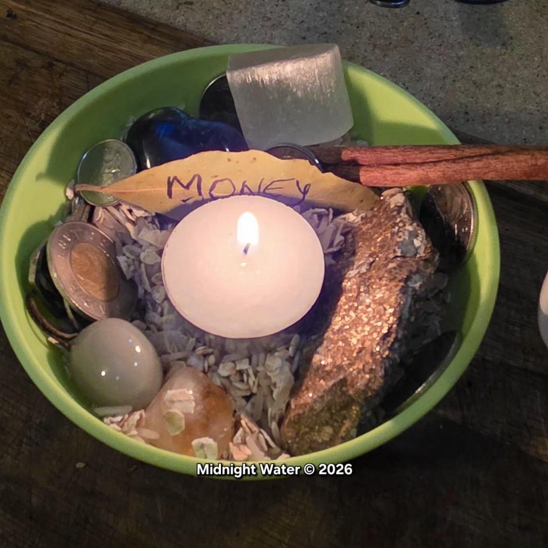 A personal money bowl with rice and grains used for wealth manifestation.