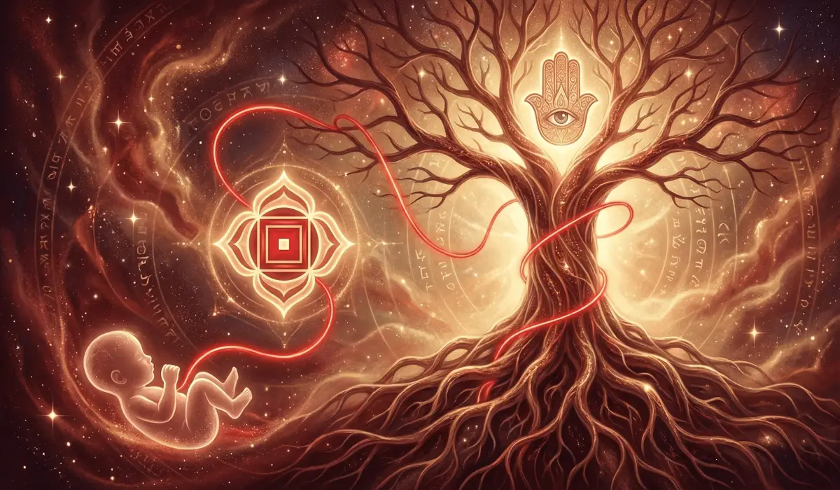 Infographic style illustration showing the spiritual symbols and chakra associations of the red string baby bracelet.