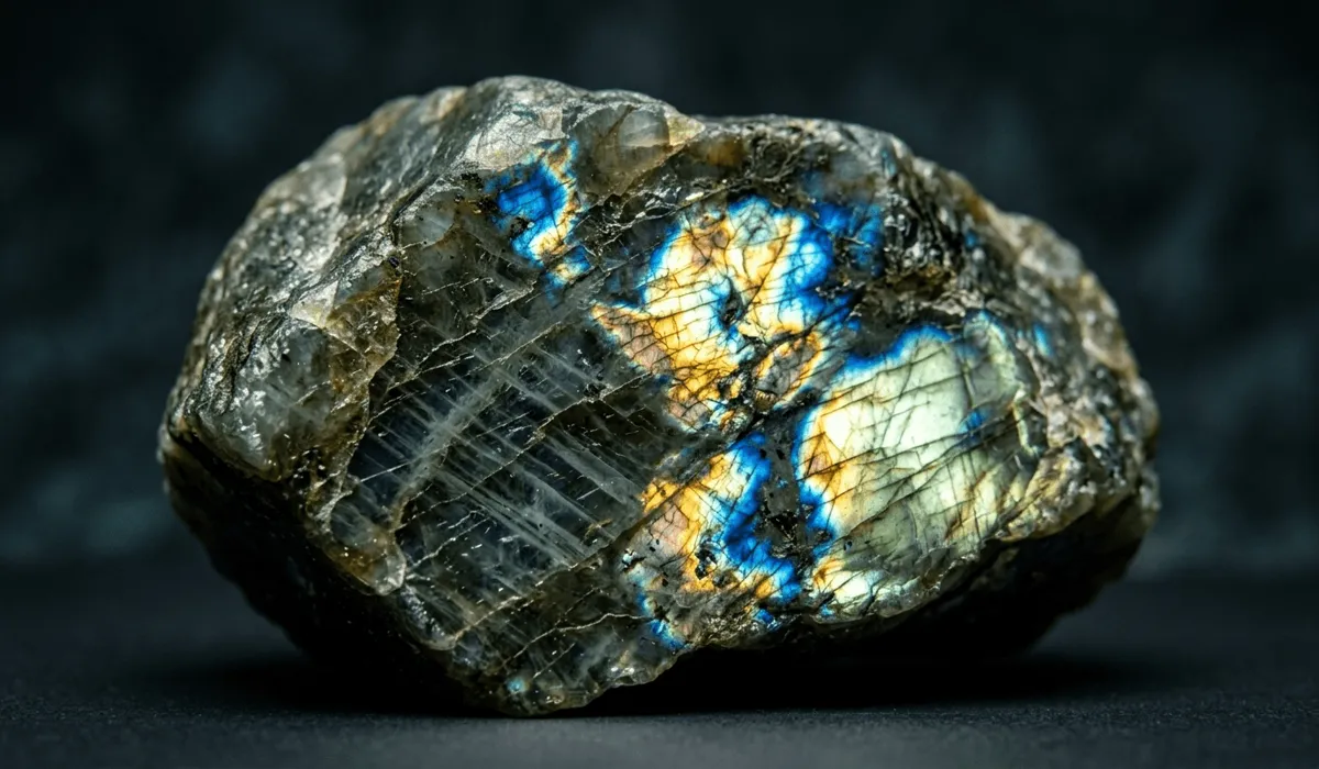 Macro shot of a raw Labradorite stone displaying vibrant blue and gold iridescent labradorescence.
