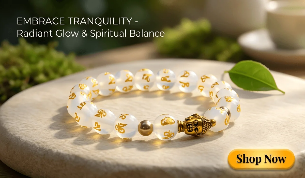 Glowstone Buddha Serenity Bracelet with golden mantra beads and Buddha head on a Zen-inspired background for spiritual wellness and mindfulness