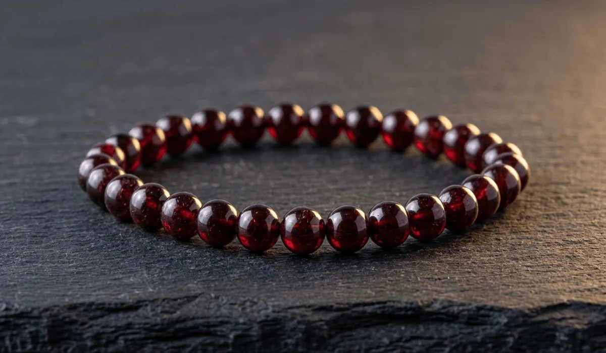 Close-up shot of a natural polished red garnet beaded bracelet resting on a textured dark slate stone.