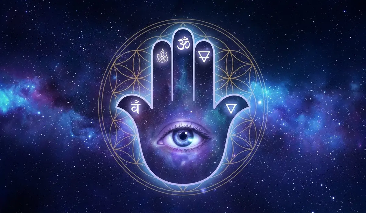 Symbolic representation of the Hamsa Hand featuring the All-Seeing Eye and the five elements of Mahabhutas.
