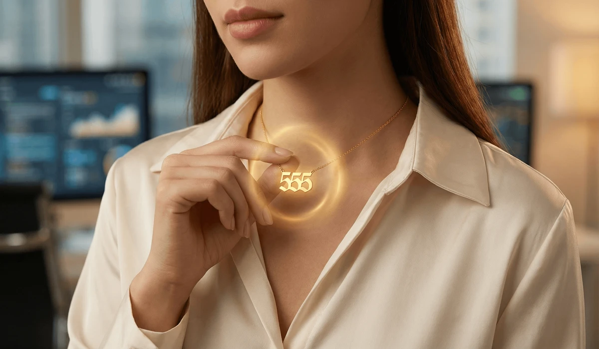 Luxury gold 555 angel number necklace being worn as a mindfulness anchor and spiritual protection in a modern digital environment.