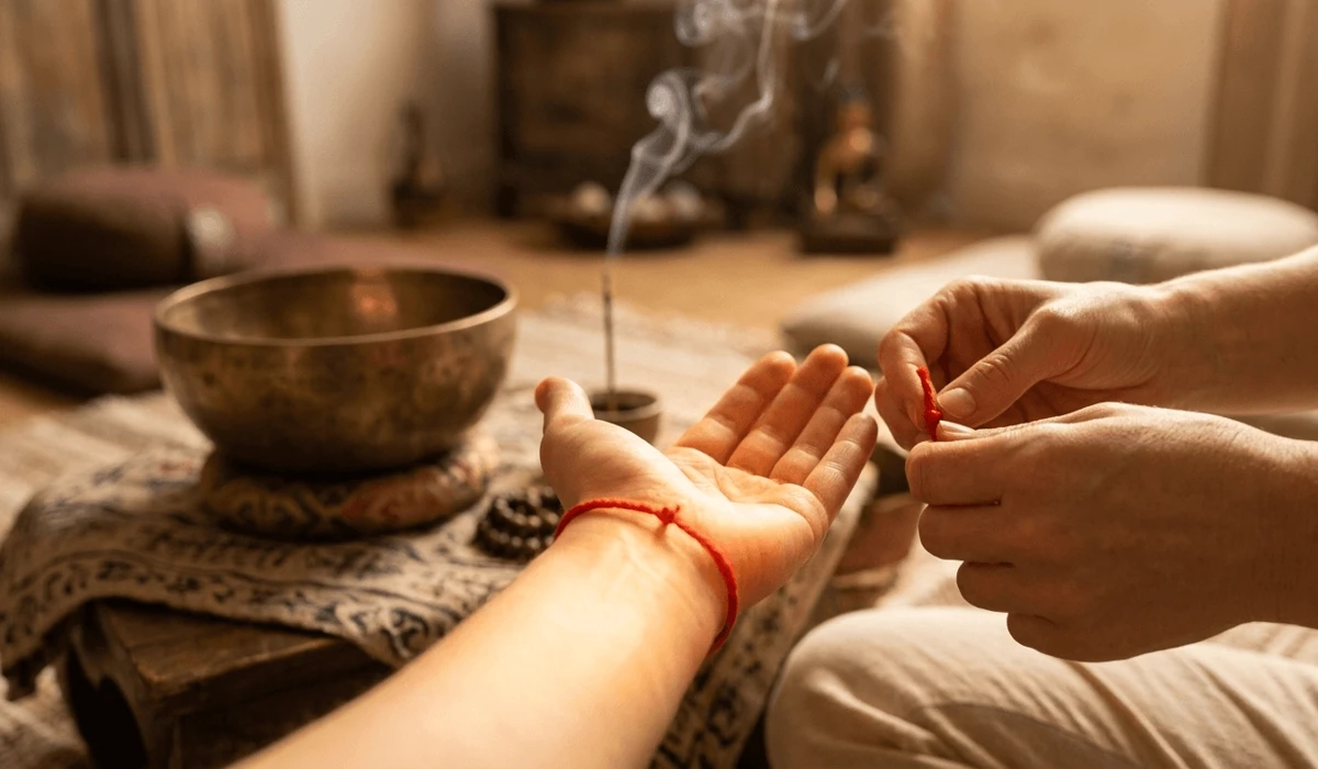 A person wearing a red string bracelet on the left wrist to absorb protective energy according to Buddhist and Kabbalah traditions.