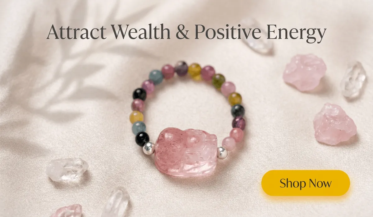 Rainbow Tourmaline Pixiu Stretch Ring with colorful natural gemstone beads and pink quartz charm for wealth and luck