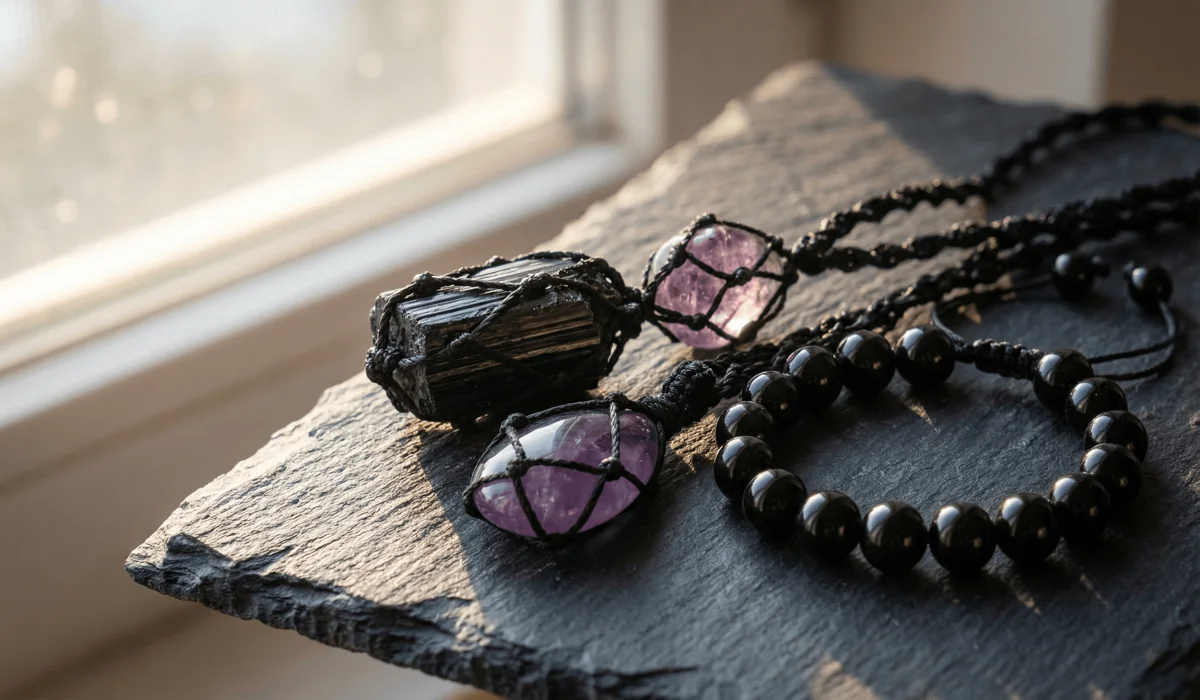 A collection of spiritual protection jewelry featuring raw black tourmaline, amethyst, and obsidian on a natural stone surface.