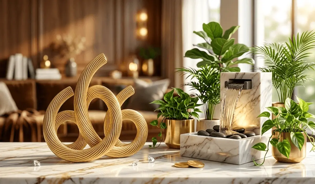 Modern luxury setting with a golden 666 symbol representing prosperity, abundance, and the smooth flow of life.
