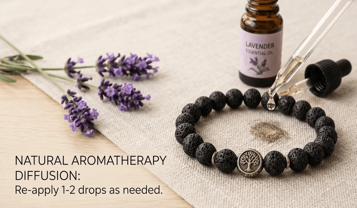 Lava stone bracelet being used as an essential oil diffuser for aromatherapy and mindfulness.