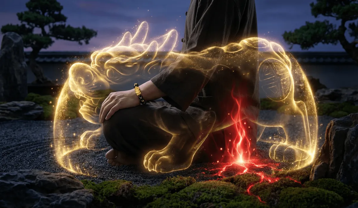 A person meditating with a Pixiu bracelet illustrating root chakra grounding and spiritual protection energy.