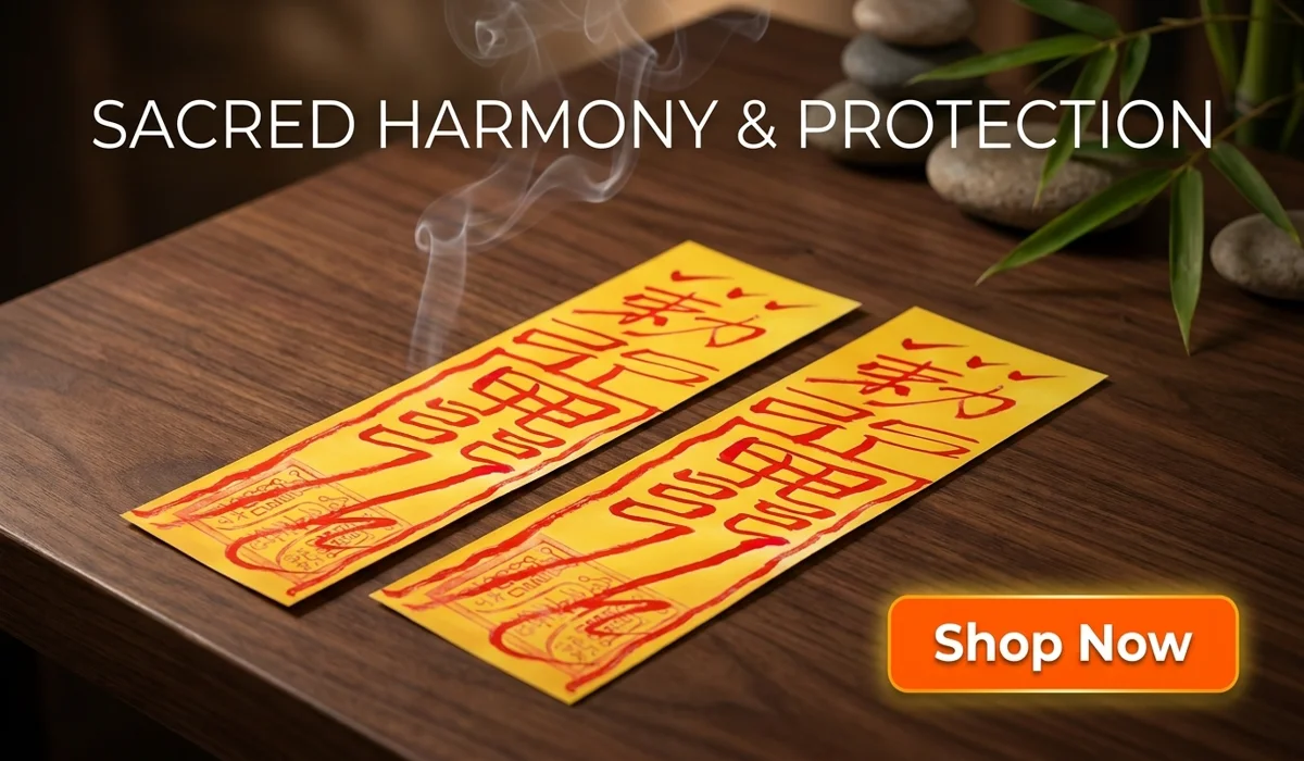 Peace and Safety Talisman for Inner Peace and Protection - Traditional yellow paper talisman with red calligraphy on a premium Zen-style background with a Shop Now button.