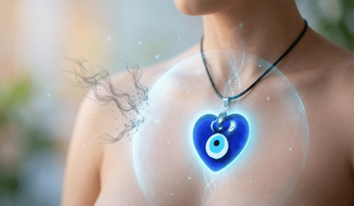 Conceptual art of an evil eye necklace reflecting negative energy and protecting the wearer's heart chakra.