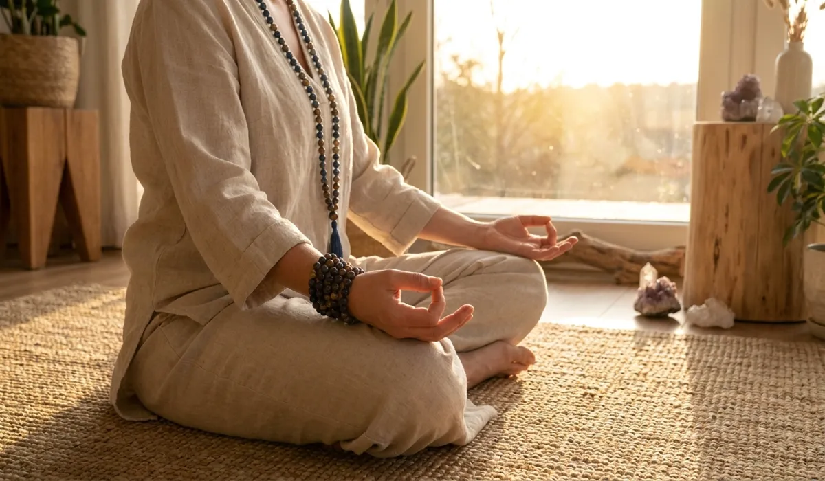 A person wearing gemstone mala beads on their neck and wrist as spiritual tools for mindfulness and intention setting.