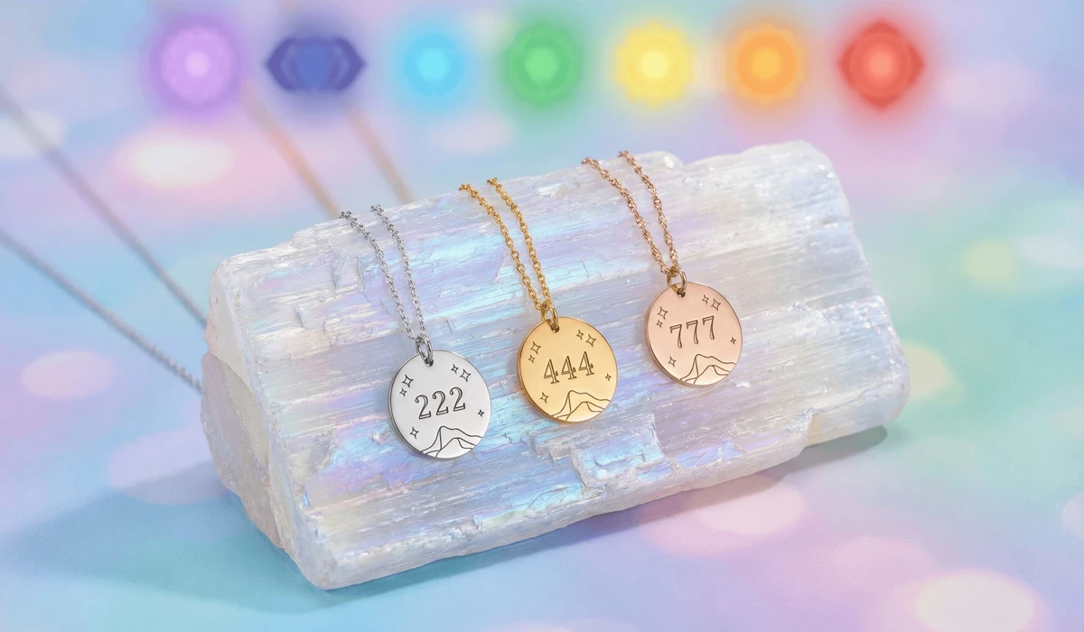 Angel number pendants 222, 444, and 777 displayed on a selenite crystal for spiritual charging and energy alignment.