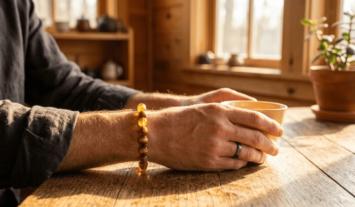 A person wearing a Golden Silk Nanmu bracelet on their left hand for spiritual protection and calm.