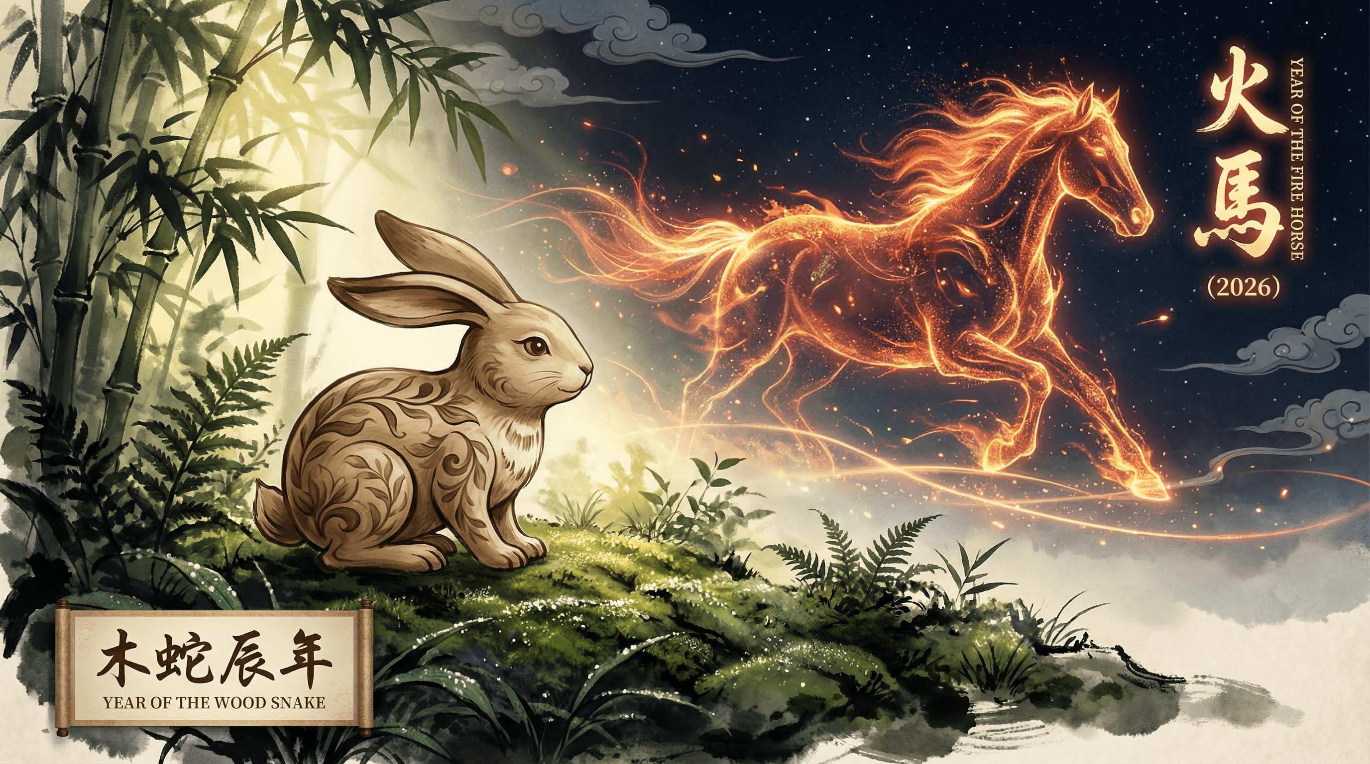A transition from the Wood Snake to the Fire Horse featuring a calm Wood Rabbit and a majestic Fire Horse in a traditional ink wash style.