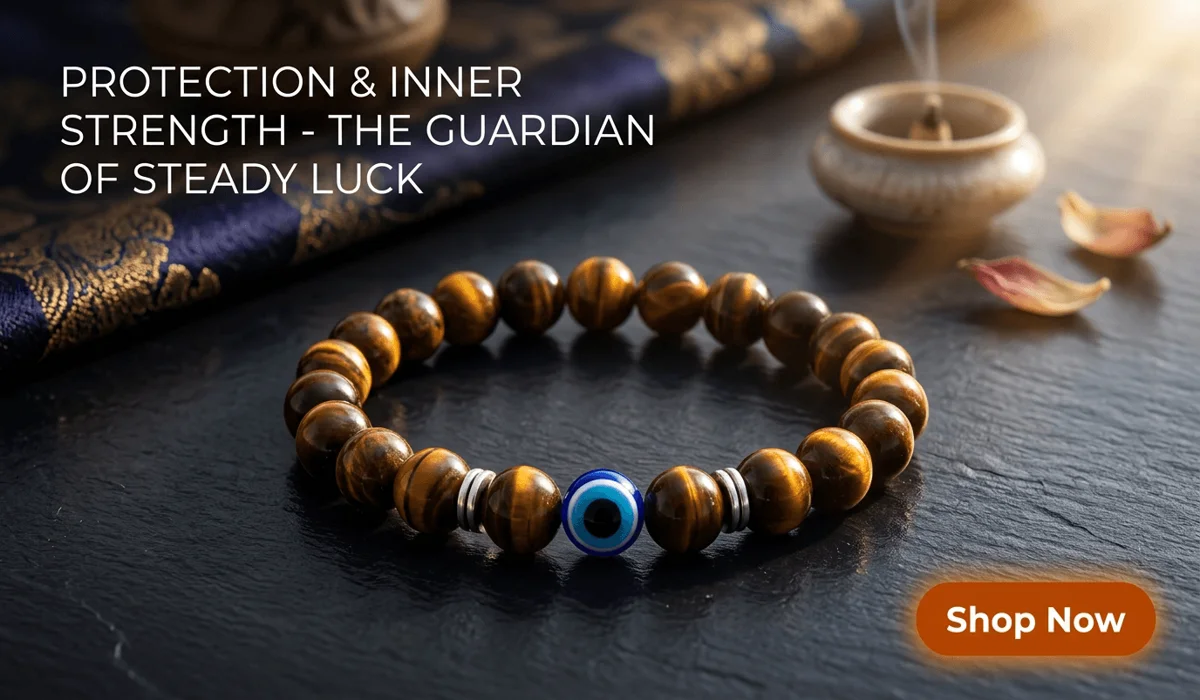 Negativity-Blocking Evil-Eye Tiger's Eye Bracelet for protection and steady luck, featuring golden-brown tiger eye beads and a blue evil eye charm on a luxury minimalist background.