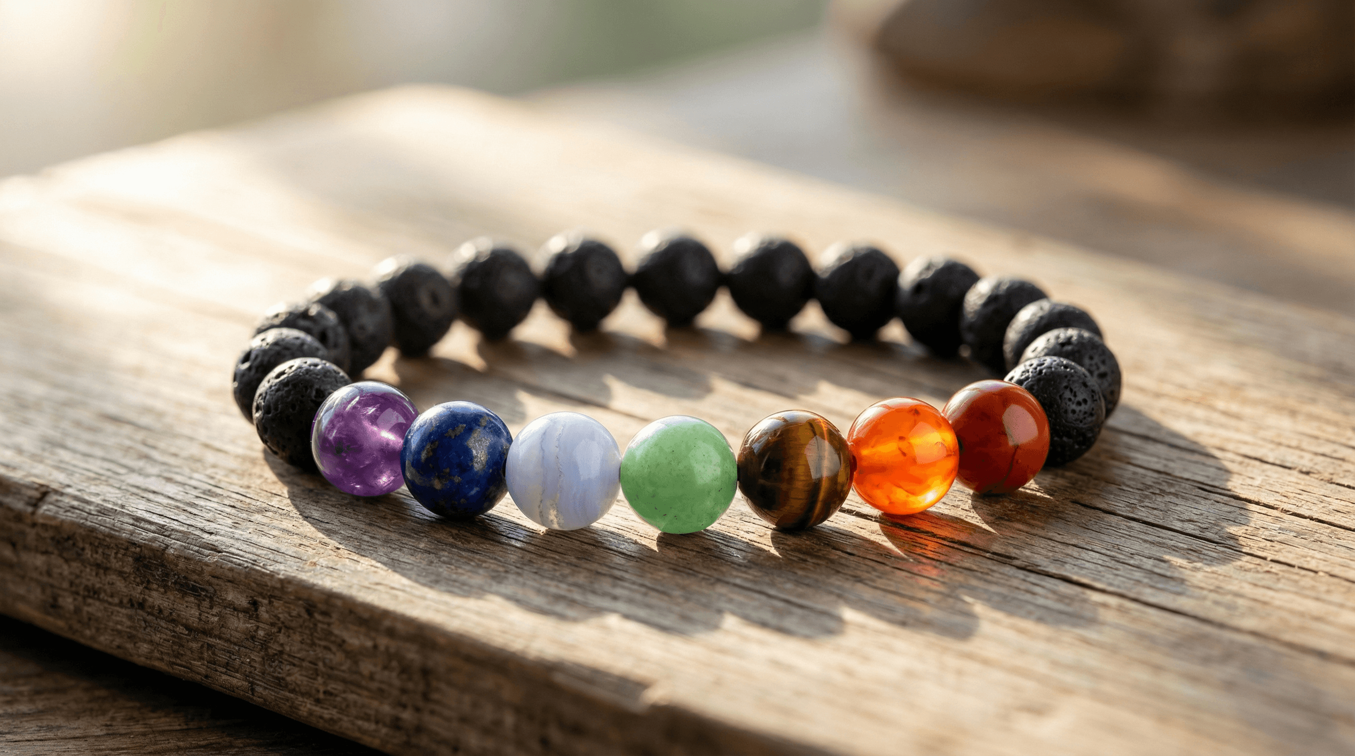 Close-up of a 7 chakra bracelet featuring authentic gemstones like amethyst and tiger's eye with black lava rock spacers on a wooden background.