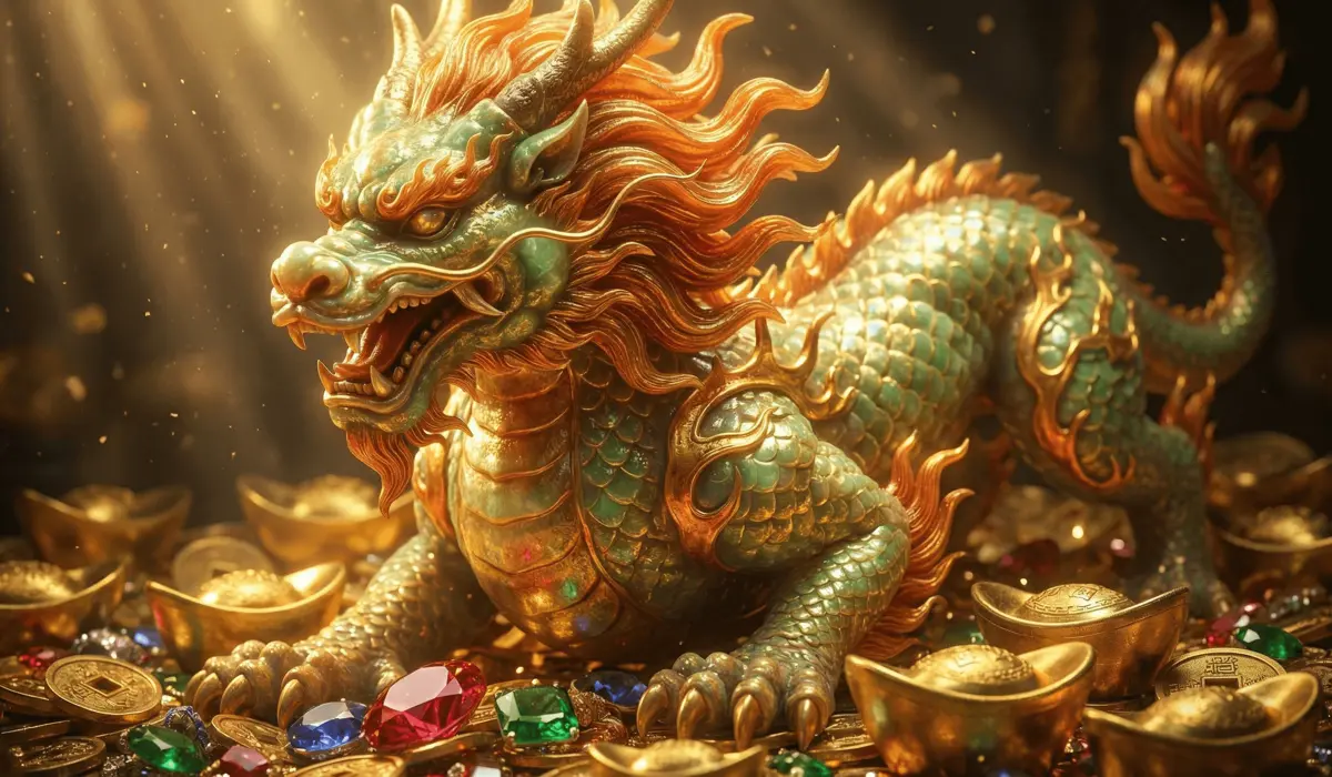 A mythical Chinese Pixiu beast surrounded by gold and jewels, symbolizing wealth and protection.