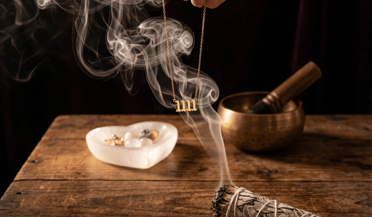 Cleansing angel number jewelry with sage smoke and selenite to reset its vibrational frequency.