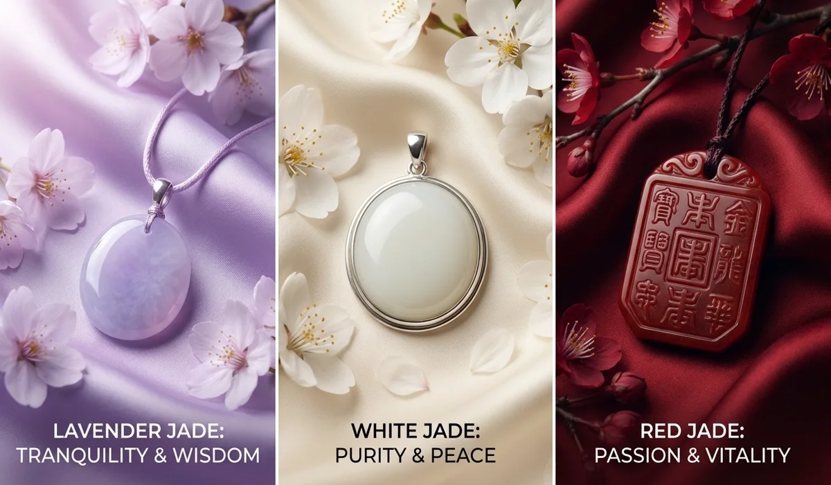 A variety of Jade pendants in lavender, white, and red colors representing different spiritual benefits and intentions.