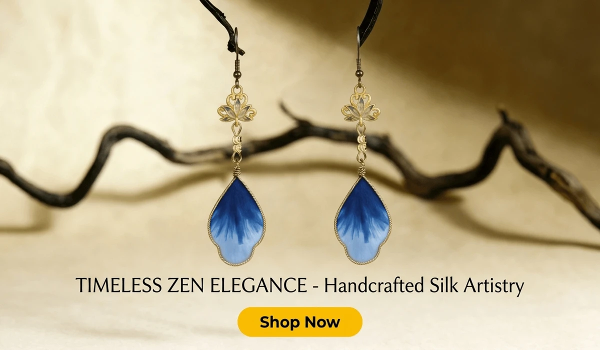 Handcrafted Ethereal Lotus Silk Flower Ronghua Earrings in Zen style, blue silk lotus jewelry for luxury e-commerce blog