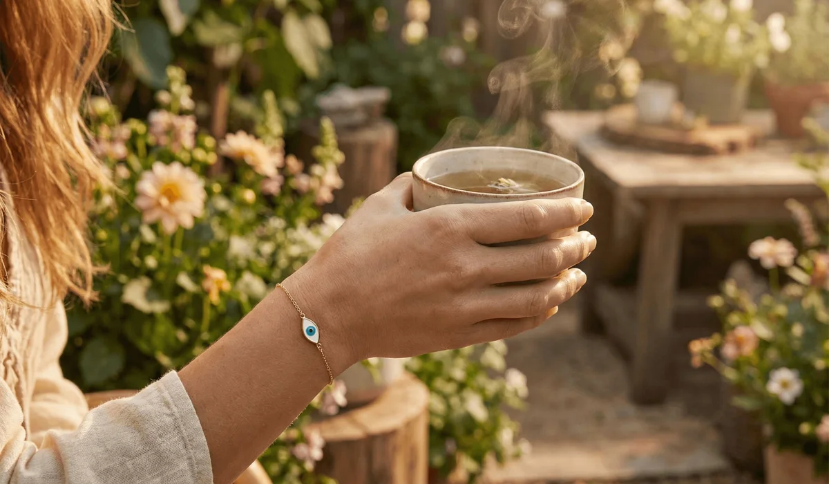 A person wearing an evil eye bracelet on the left wrist to protect their internal energy and subconscious mind during daily life.