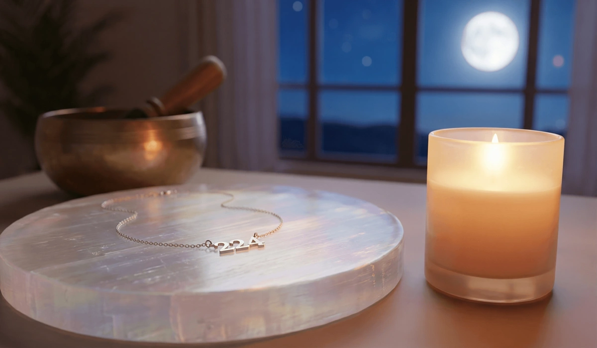 Angel number jewelry being charged on a selenite plate under moonlight for spiritual cleansing.